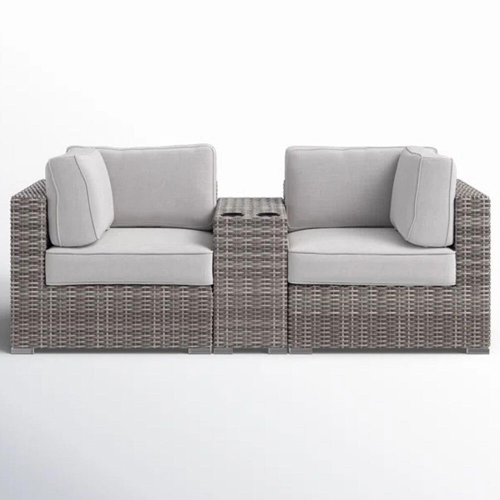 Hearth and Haven Outdoor Wicker Loveseat with Cushions and Built-in Cup Table in Gray, , large