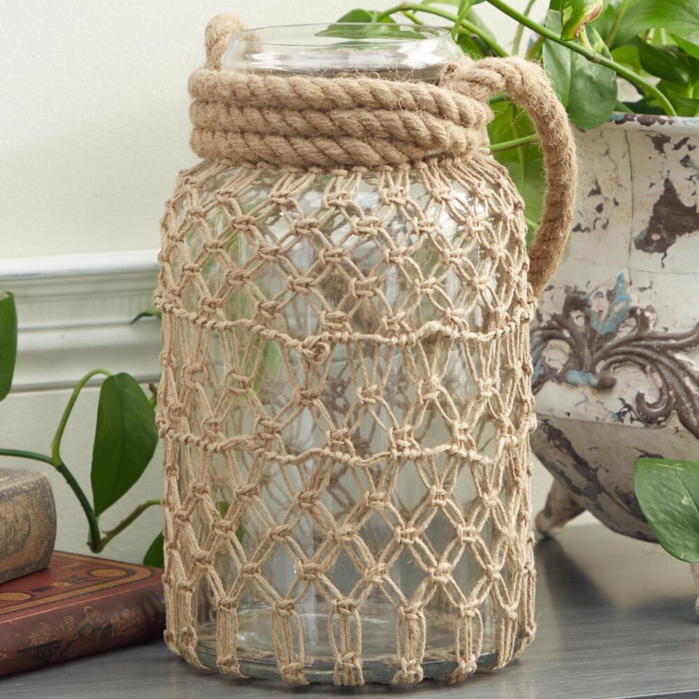 Maple and Jade 12&quot; Decorative Indoor/Outdoor Candle Lantern with Rope Handle in Clear and Brown, , large
