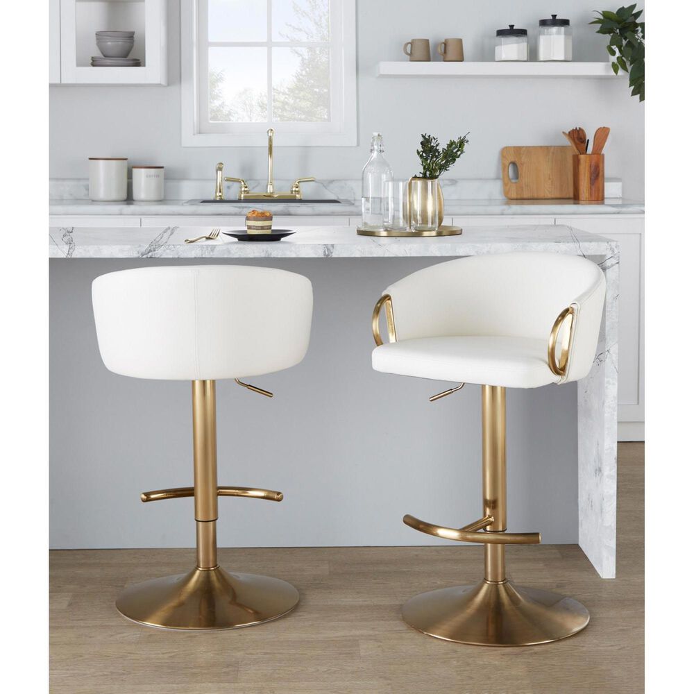 LumiSource Claire Swivel Adjustable Barstool with White Faux Leather Upholstery in Gold (Set of 2), , large