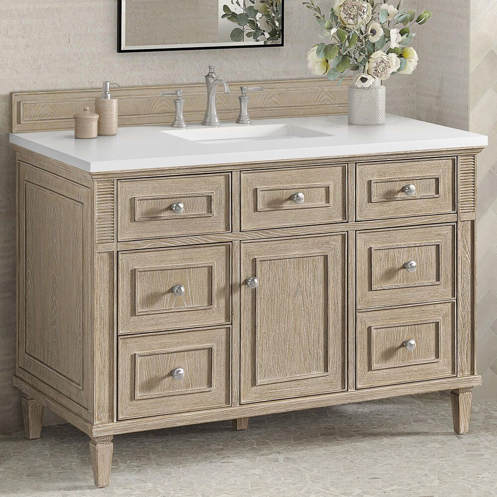 James Martin Vanities Lorelai 48&quot; Single Vanity in Whitewashed Oak with 3 cm White Zeus Quartz Top, , large