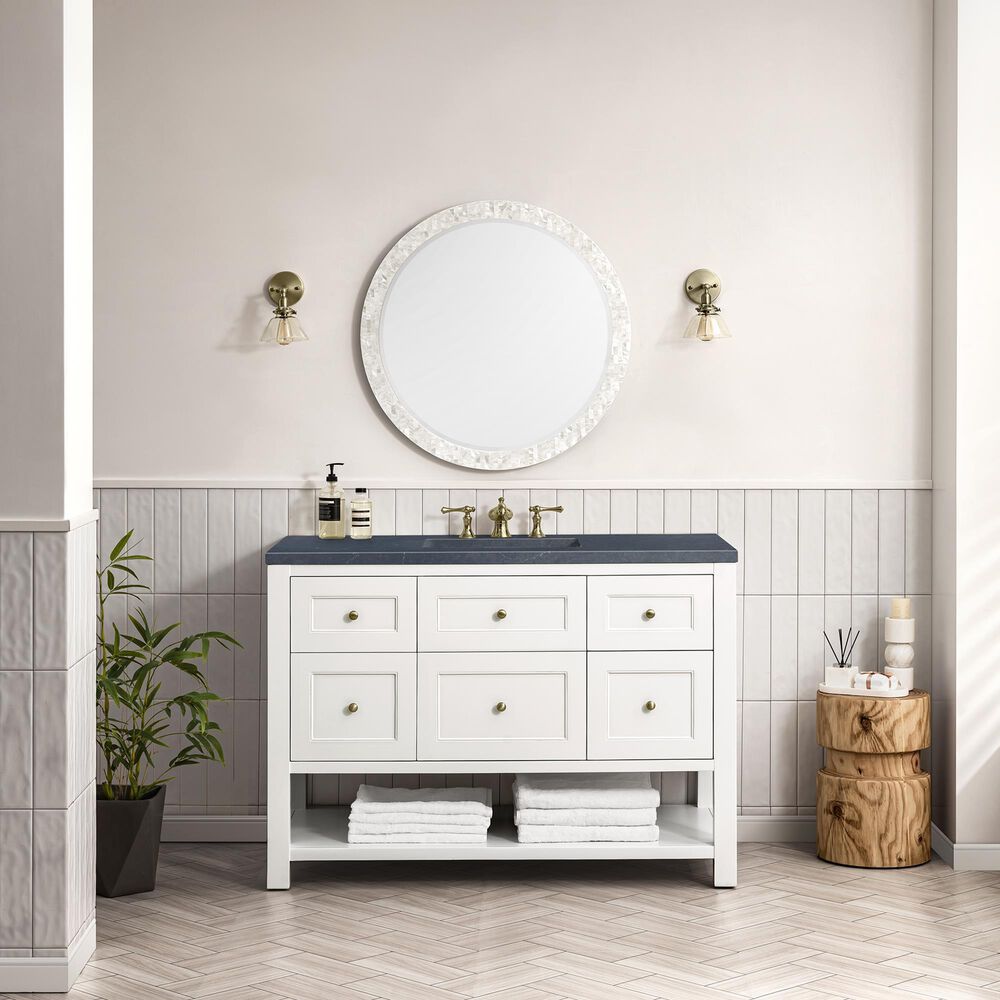 James Martin Breckenridge 48&quot; Single Bathroom Vanity in Bright White with 3 cm Charcoal Soapstone Quartz Top and Rectangular Sink, , large