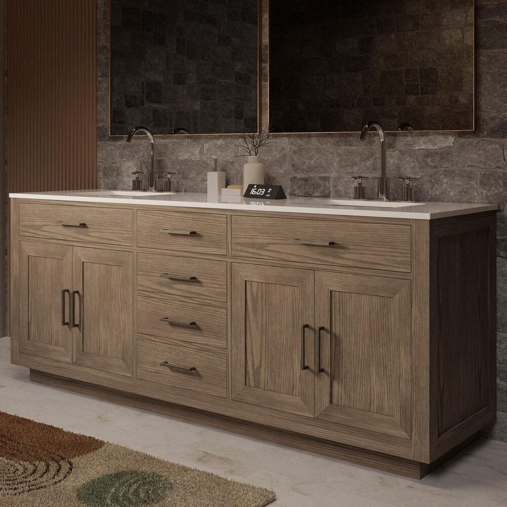 Lexora Home Abbey 80&quot; Double Bathroom Vanity in Grey Oak with 2 cm White Quartz Top and Rectangular Sinks, , large