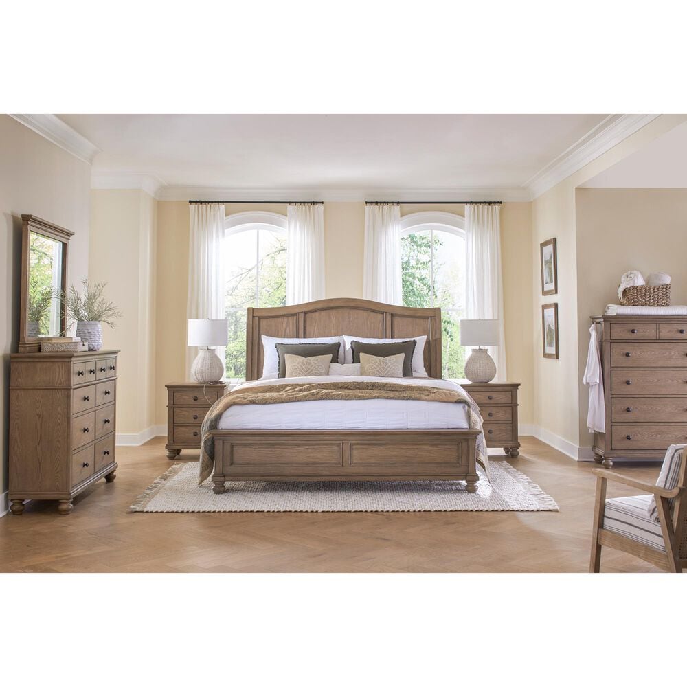 Riva Ridge Oxford King Sleigh Bed with Two Nightstands in Tan with USB Ports, , large