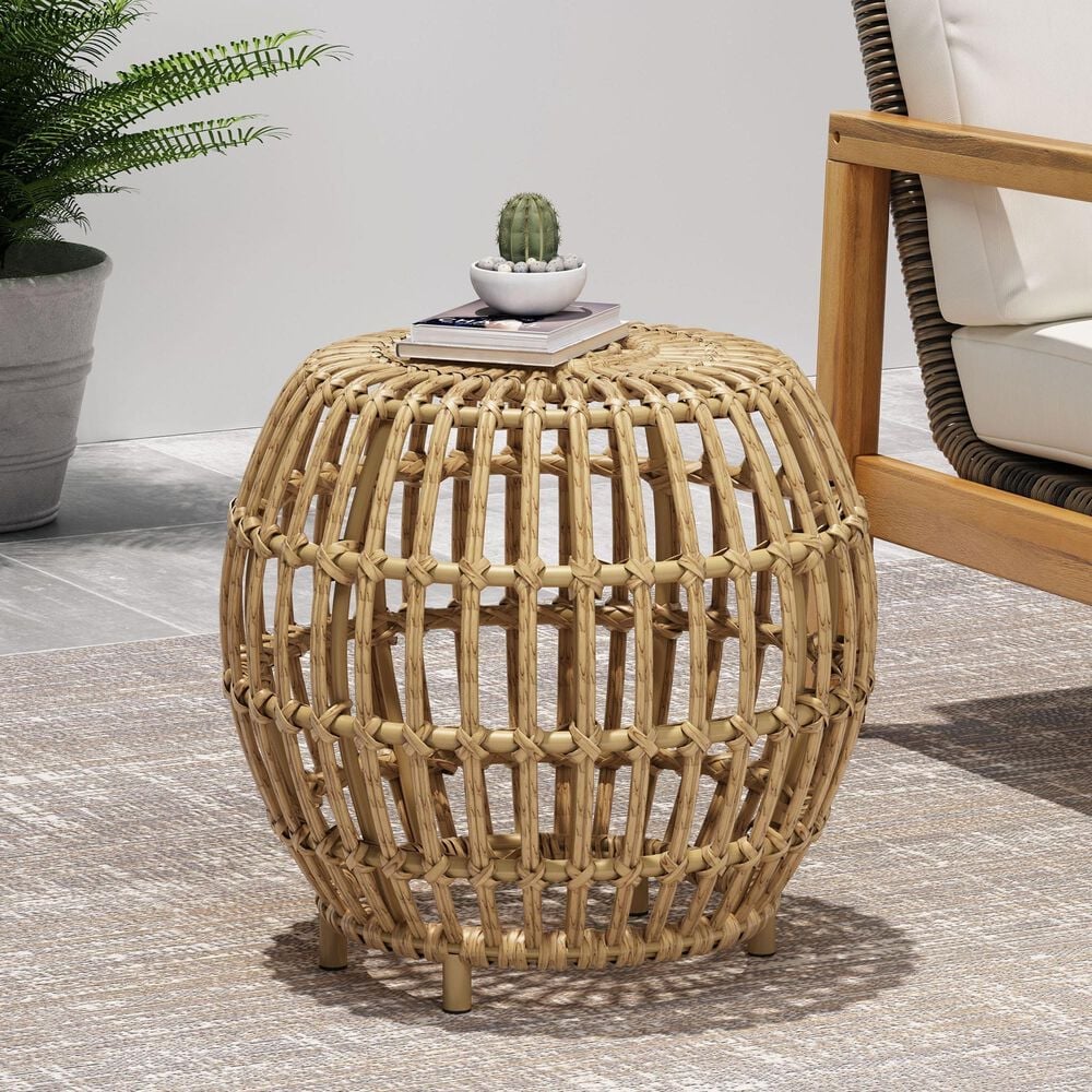 Hearth and Haven Ottawa Outdoor Side Table with Open Weave Design in Light Brown, , large