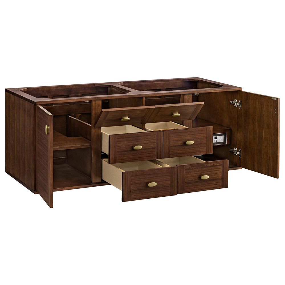 James Martin Vanities Amberly 60&quot; Double Bathroom Vanity in Mid-Century Walnut with 3 cm Parisien Bleu Quartz Top and Rectangular Sinks, , large