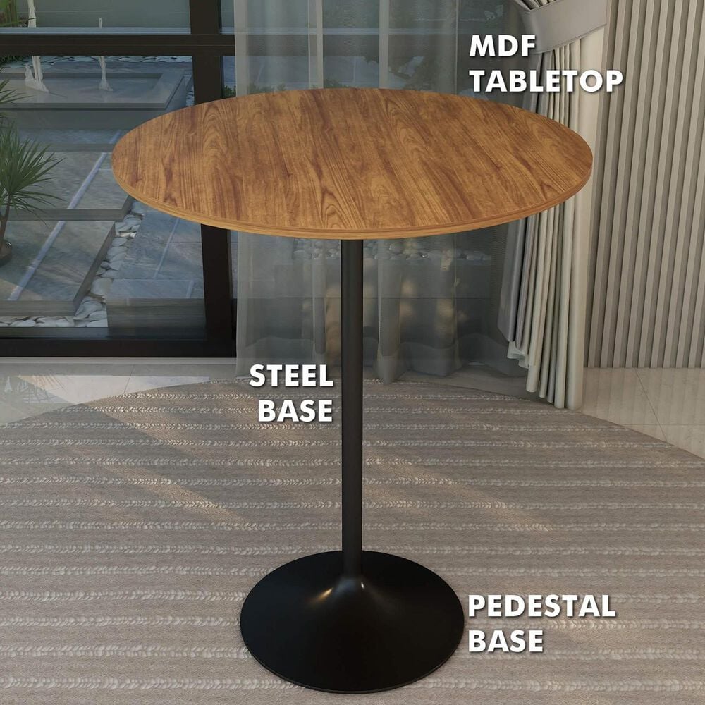 Leisuremod LeisureMod Verve Collection Modern Bar Height Table Black Base with 36 Round Cognac Brown MDF Top, , large