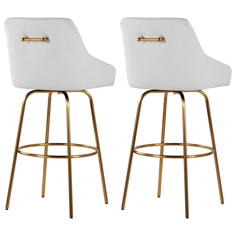 LumiSource Hannah Swivel Bar Stool with White Faux Leather Upholstery in Gold (Set of 2), , large