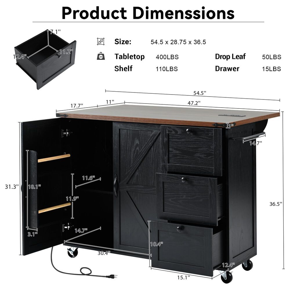HOMLUX 55" Farmhouse Kitchen Island with Power Outlet in Black, , large