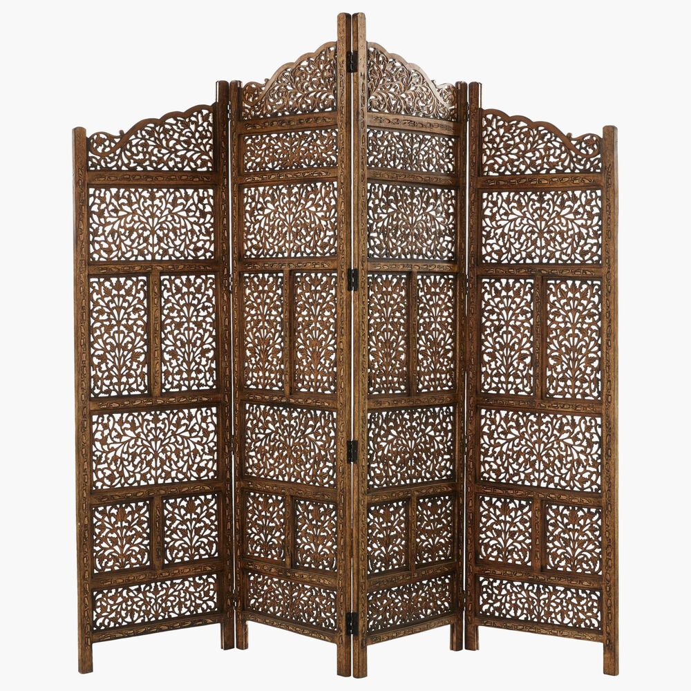 Maple and Jade 4-Panel Foldable Room Divider Screen with Carved Designs in Brown, , large