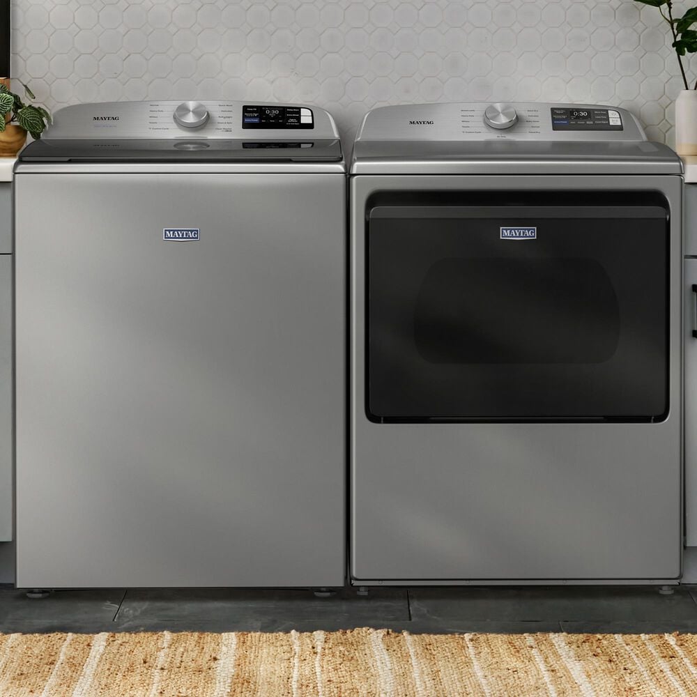 Maytag 5.3 Cu. Ft. Smart Top Load Washer and 7.4 Cu. Ft. Smart Electric Top Load Dryer Laundry Pair in Classic Silver, , large
