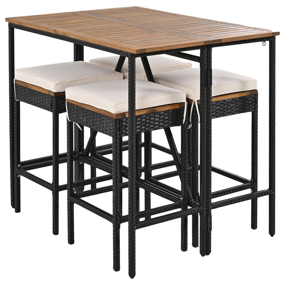 Hearth and Haven 5-Piece Outdoor Patio Wicker Bar Set with Off-White Cushion in Black and Brown, , large