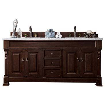 James Martin Brookfield 72" Double Bathroom Vanity in Burnished Mahogany with 3 cm Carrara White Marble Top and Rectangle Sink, , large