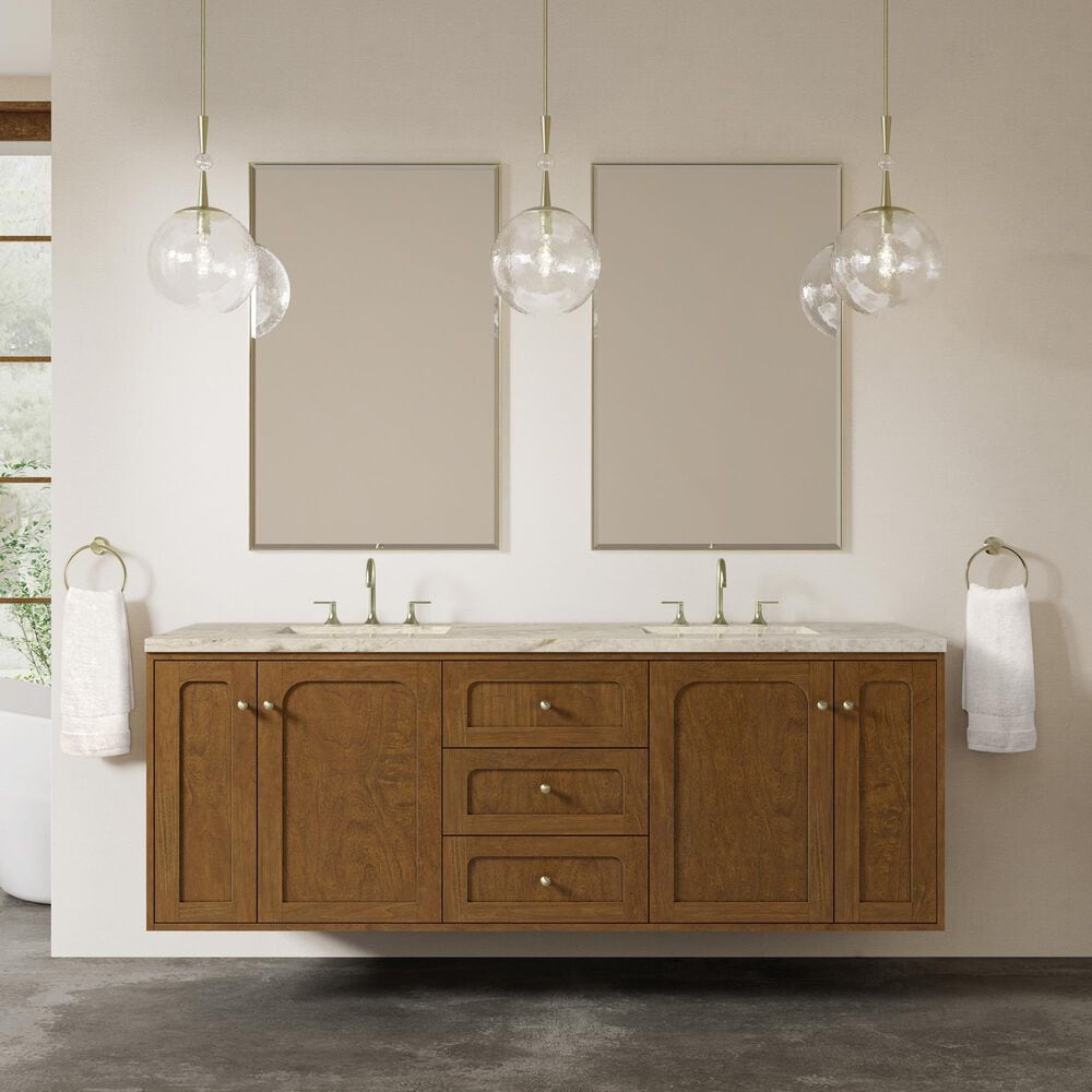 James Martin Laurent 72" Double Bathroom Vanity in Honey Oak with 3 cm Tajnar Eclos Top, Rectangular Sinks and FreePower Wireless Charger, , large
