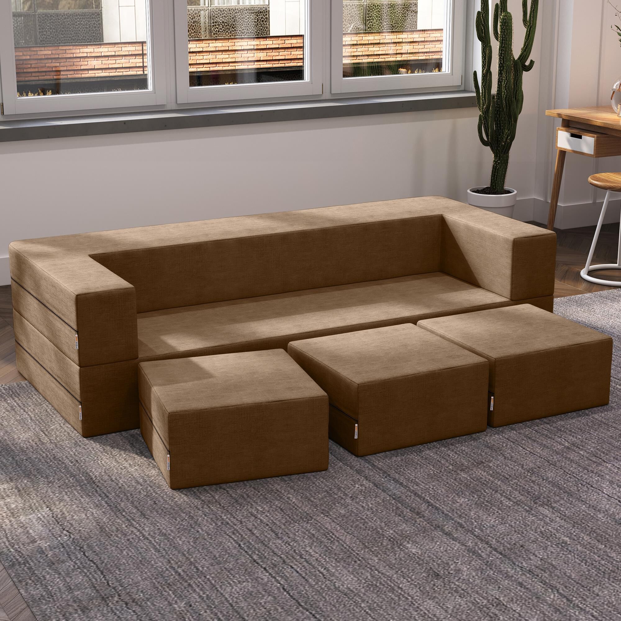 Jaxx Zipline 3-Piece Stationary Convertible Sleeper Sofa in Toffee