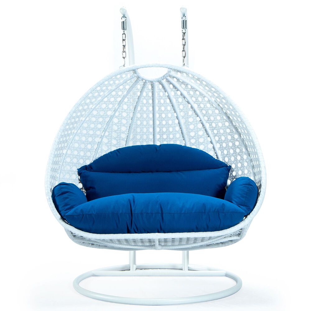 Leisuremod 2-Seat Hanging Egg Swing Chair with Blue Cushion in White, , large