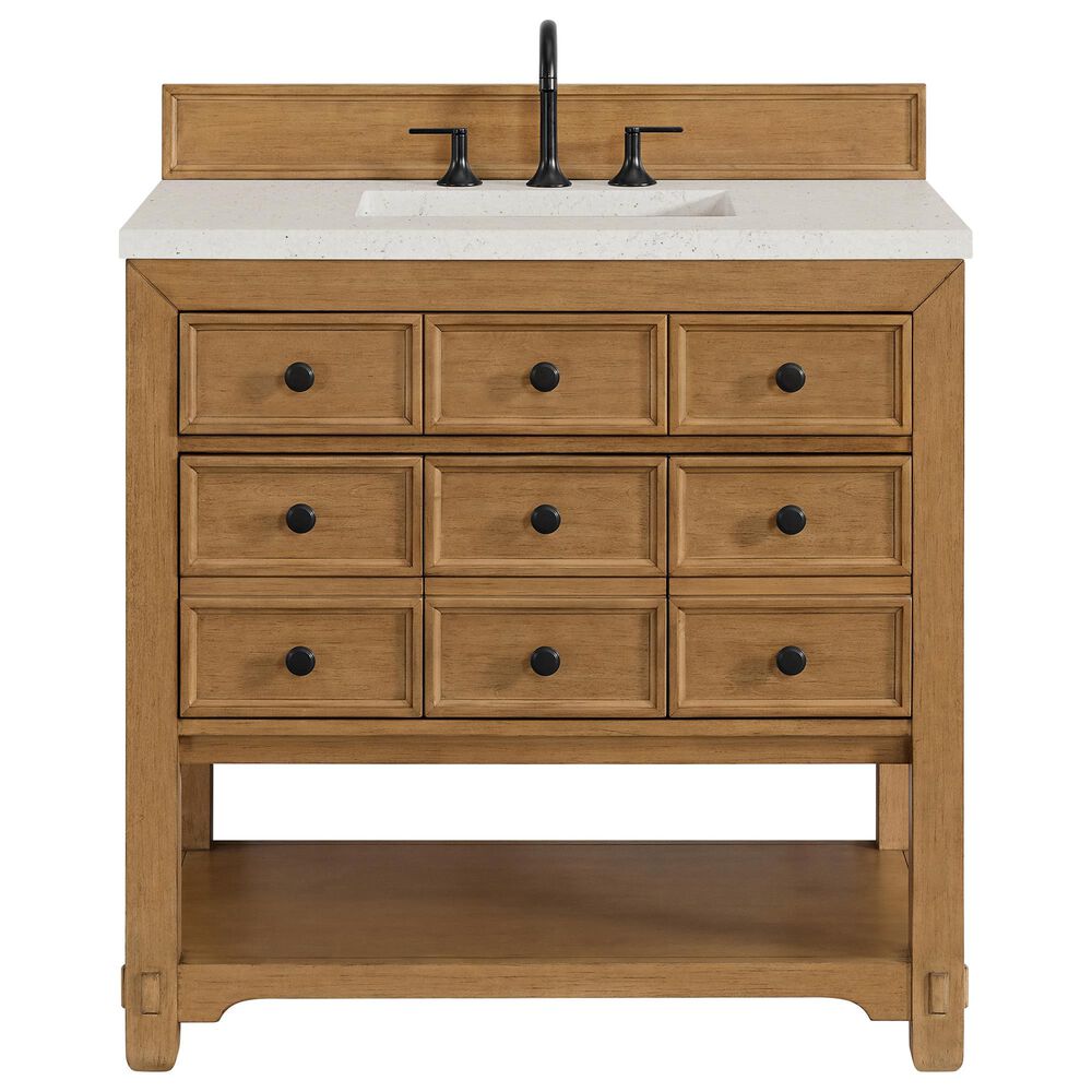 James Martin Malibu 36" Single Bathroom Vanity in Amber Birch with 3 cm Lime Delight Quartz Top and Rectangular Sink, , large