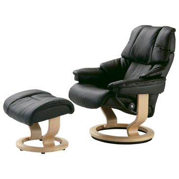 Stressless Reno Small Chair and Ottoman in Paloma Black and Natural, , large