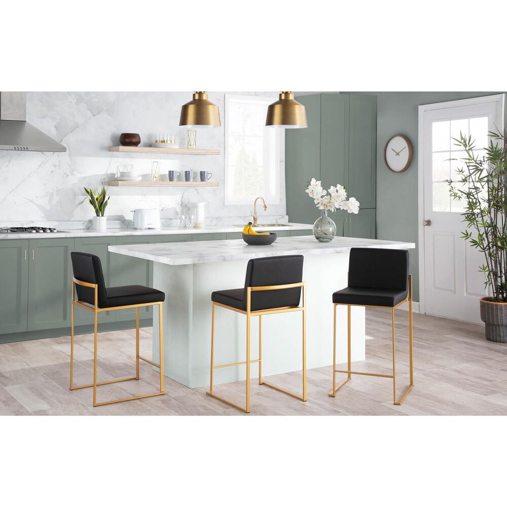 Lumisource Fuji High Back Counter Stool with Black Faux Leather Cushion in Gold &#40;Set of 2&#41;, , large