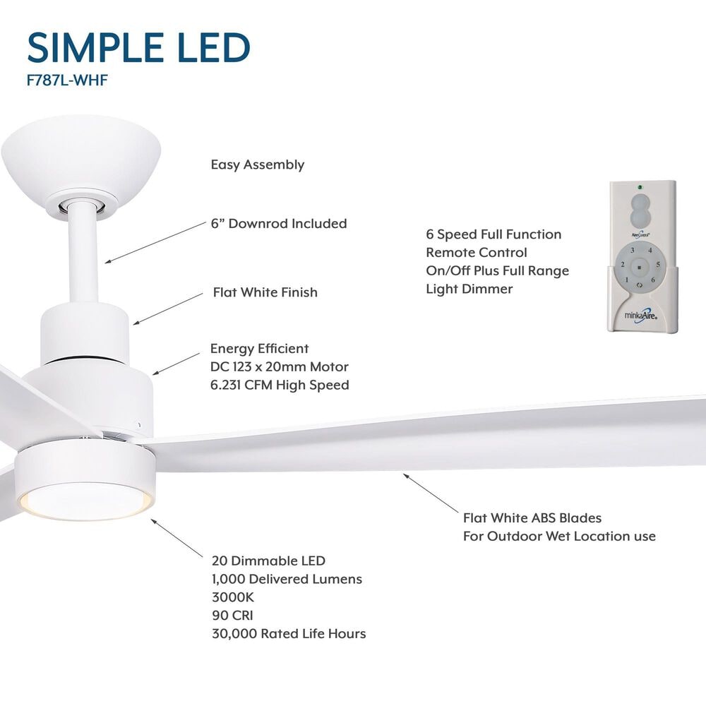 Minka-Aire Simple 52" Indoor/Outdoor Ceiling Fan with LED Light in Flat White, , large