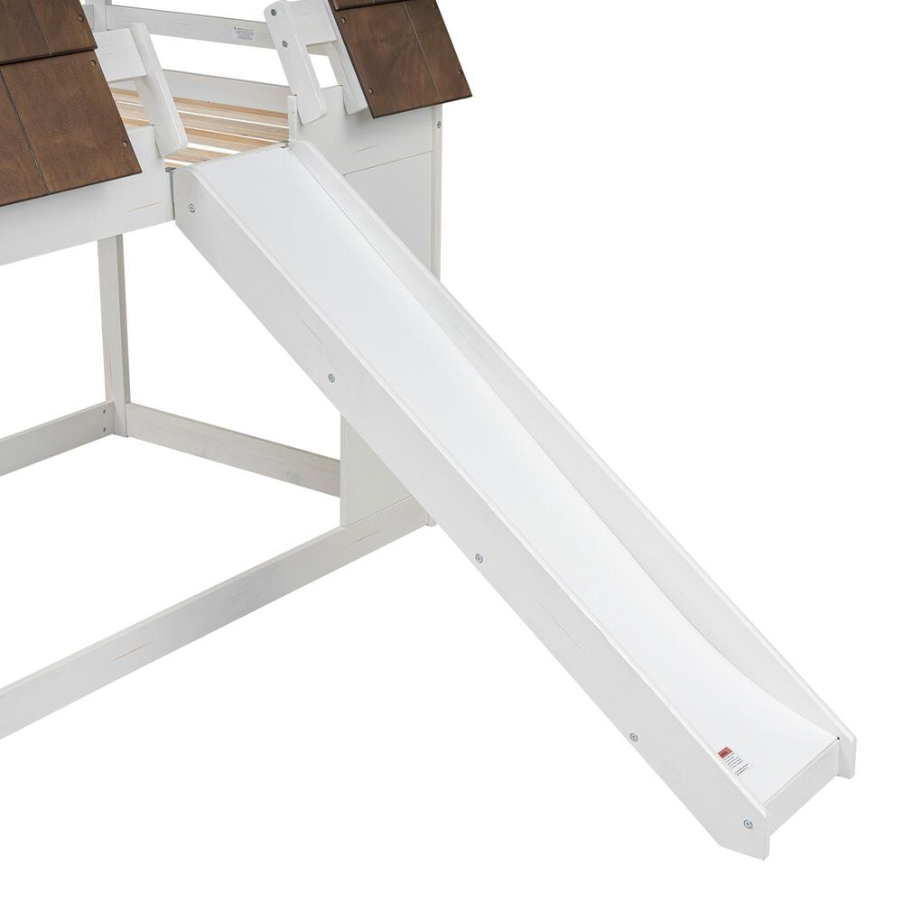 Hearth and Haven Twin over Twin House Bunk Bed with Roof in White and Brown, , large