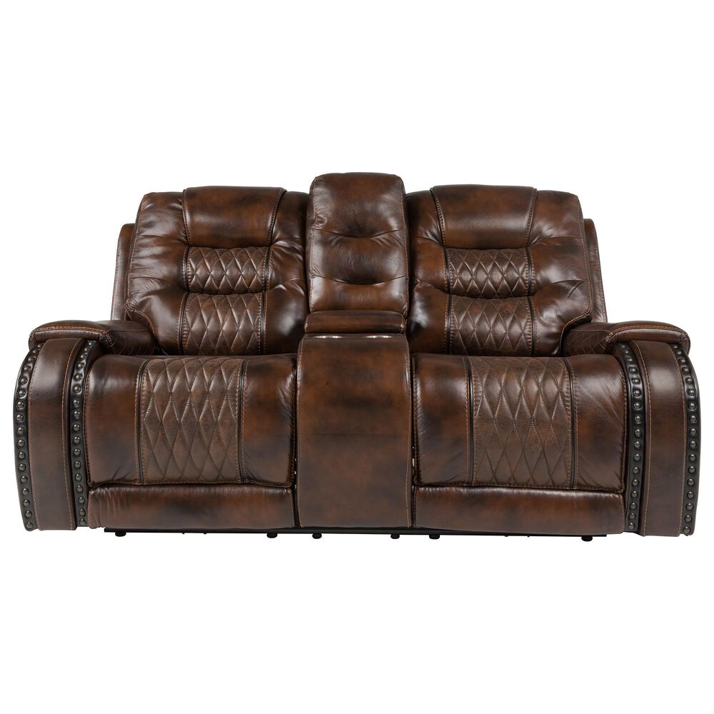 Prime Resources International Rhyme Motion Leather Power Console Loveseat with Headrest in Bronze Walnut, , large