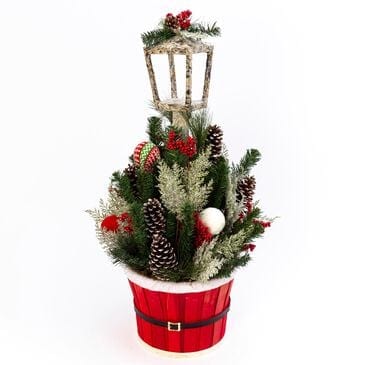 The Gerson Company 42" Holiday Porch Bucket Floral Arrangement with Lantern in Red, , large