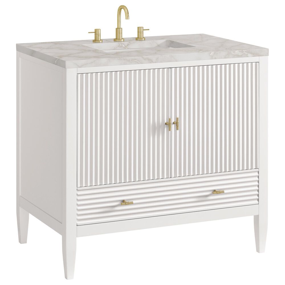 James Martin Vanities Myrrin 36" Vanity in Bright White with 3 cm Victorian Silver Quartz Top, , large