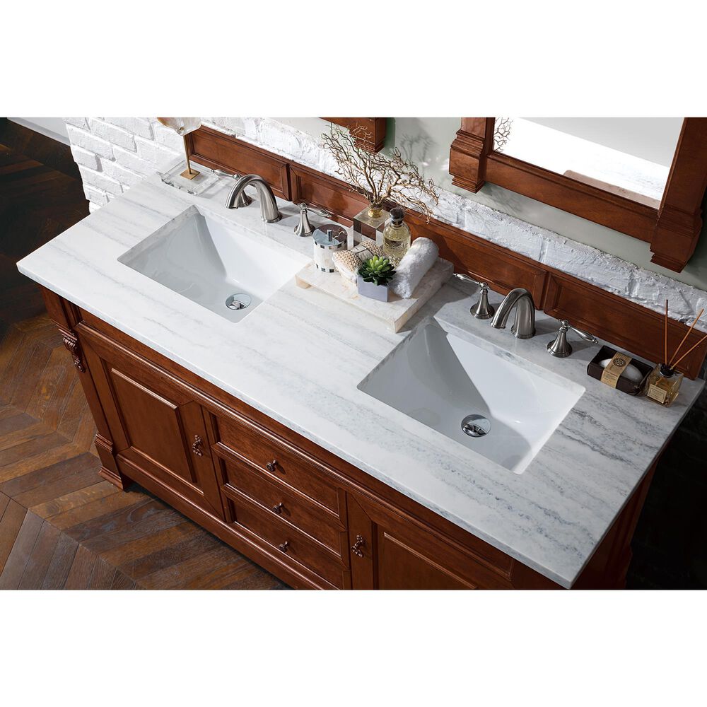 James Martin Vanities Brookfield 60&quot; Double Bathroom Vanity in Warm Cherry with 3 cm Arctic Fall Solid Surface Top and Rectangle Sinks, , large
