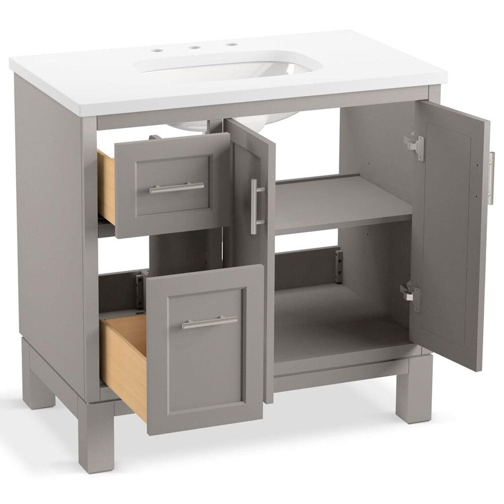 Kohler Quo 36&quot; Single Bathroom Vanity in Mohair Grey with 3 cm Pure White Quartz Top and Oval Sink, , large