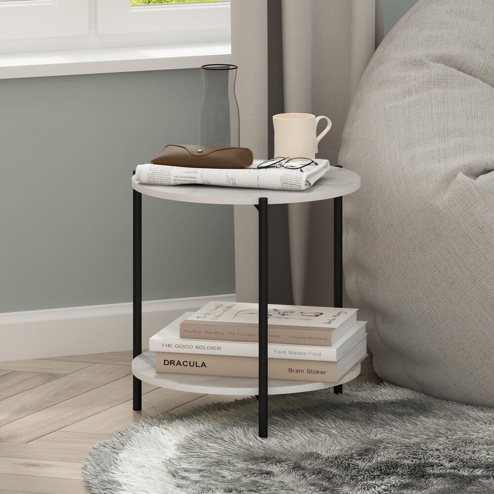 HOMLUX 2-Tier Side End Table in Marble White and Black, , large