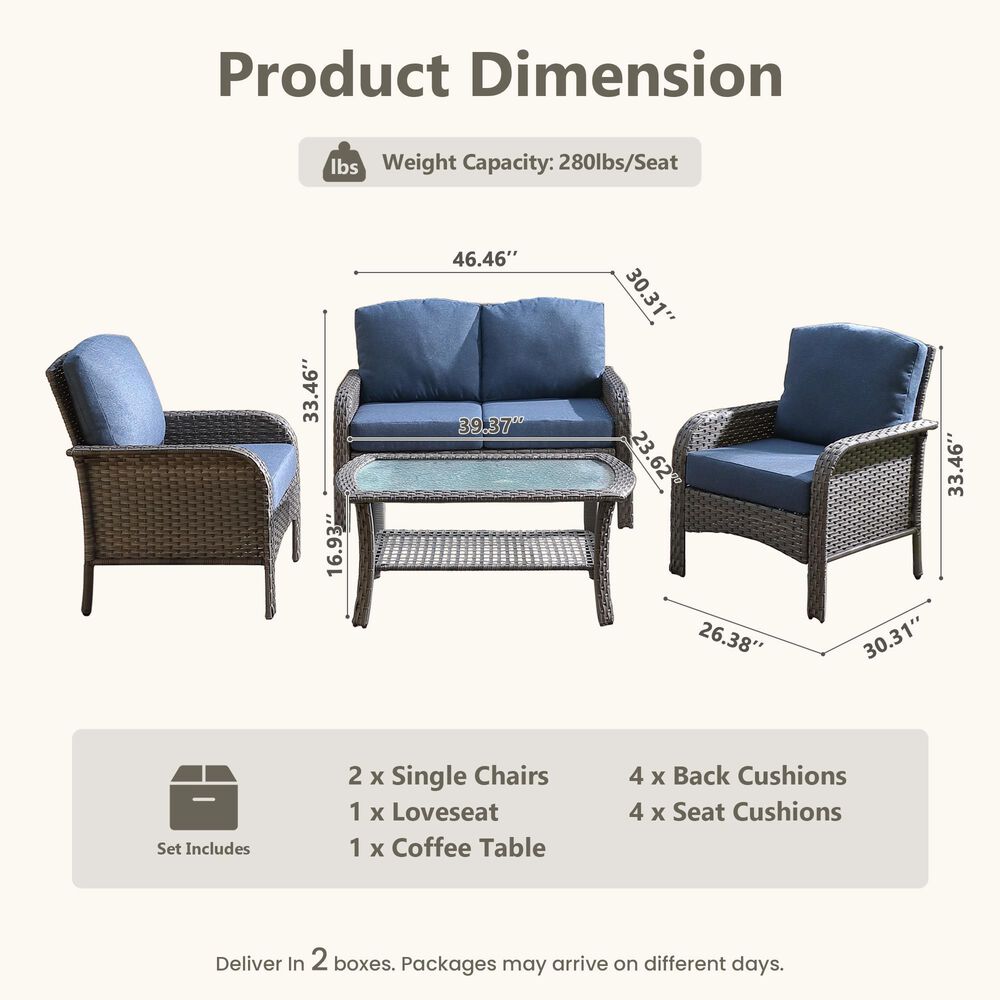 HOMLUX 4-Piece Patio Conversation Set with Grey Wicker in Denim Blue, , large