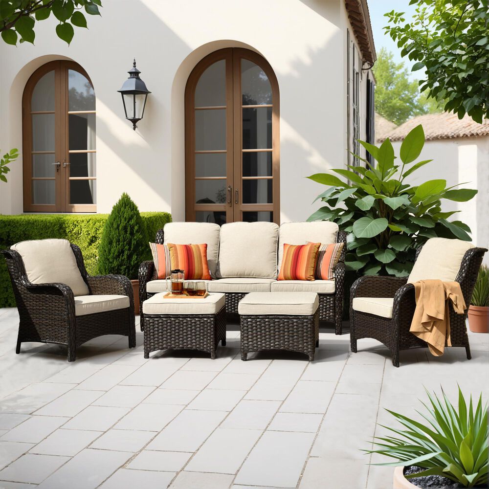 HOMLUX 5-Piece Patio Furniture Set with Chairs and Ottomans, High Back Outdoor Sofa Set, Brown Rattan in Beige, , large