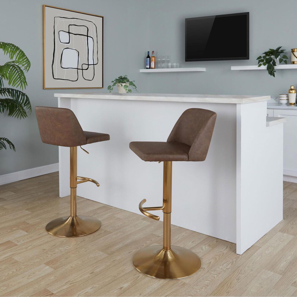 LumiSource Toriano Swivel Adjustable Bar Stool with Espresso Faux Leather Upholstery in Gold (Set of 2), , large