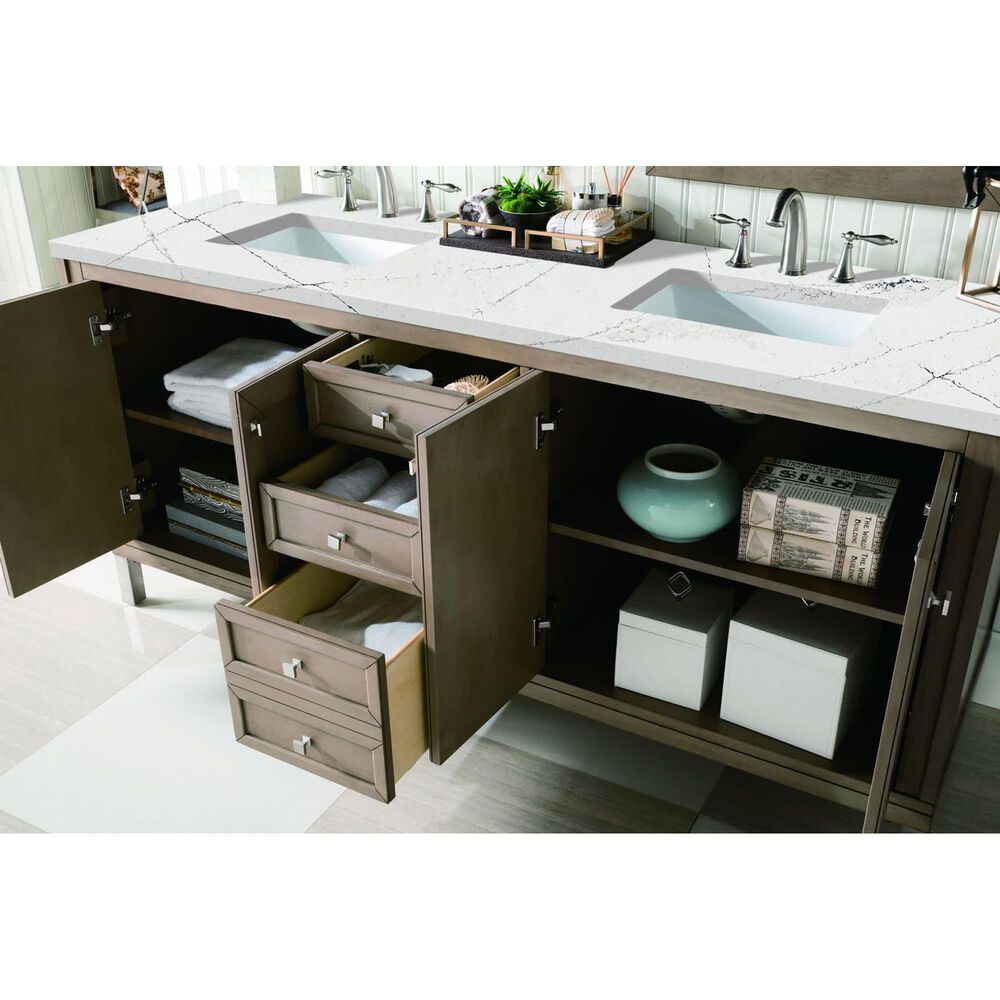 James Martin Vanities Chicago 72&quot; Double Bathroom Vanity in Whitewashed Walnut with 3 cm Ethereal Noctis Quartz Top and Rectangular Sinks, , large