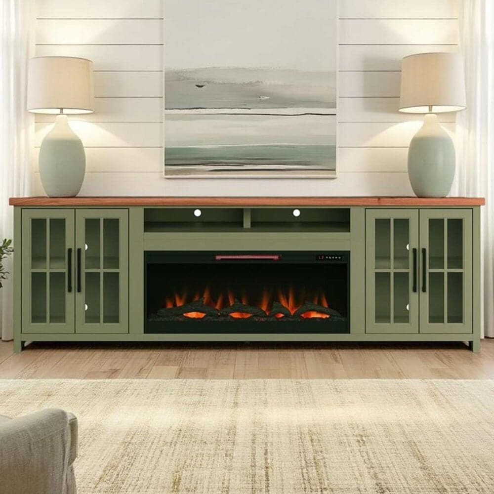 Legends Home Vineyard 97" Fireplace Console with Fireplace Insert in Sage and Fruitwood, , large