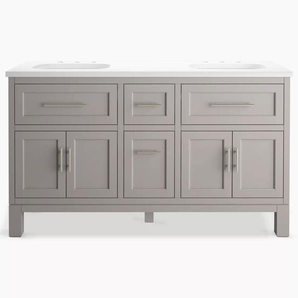 Kohler Quo 60&quot; Double Bathroom Vanity in White with 3 cm Pure White Quartz Top and Oval Sinks, , large
