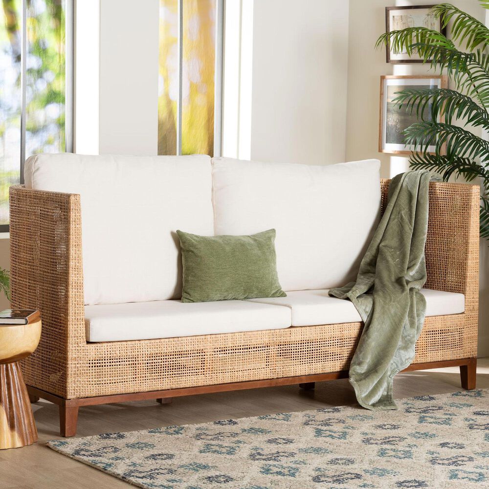Baxton Studio Edda Stationary Sofa with Natural Rattan in Neutral, , large
