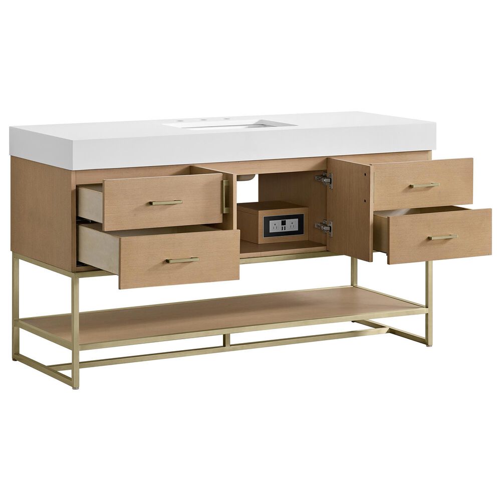 37B Mauri 60" Single Bathroom Vanity with Metal Base in Warm Oak and White Composite Stone Top, , large