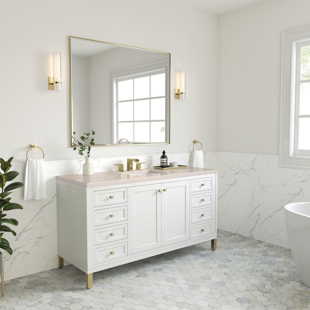 James Martin Vanities Chicago 60&quot; Single Bathroom Vanity in Glossy White with 3 cm Eternal Marfil Quartz Top and Rectangular Sink, , large