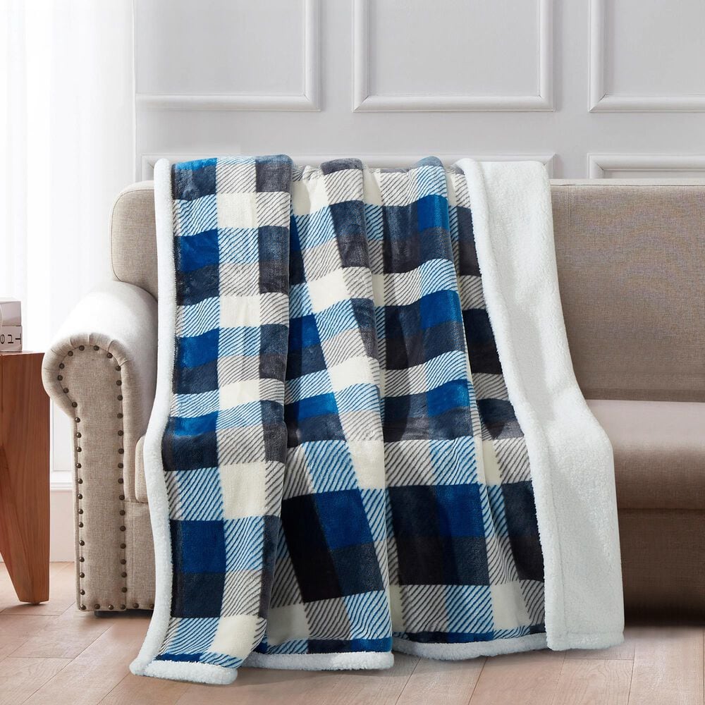 Duke Imports Flannel Sherpa Plaid Throw in Blue and Grey, , large