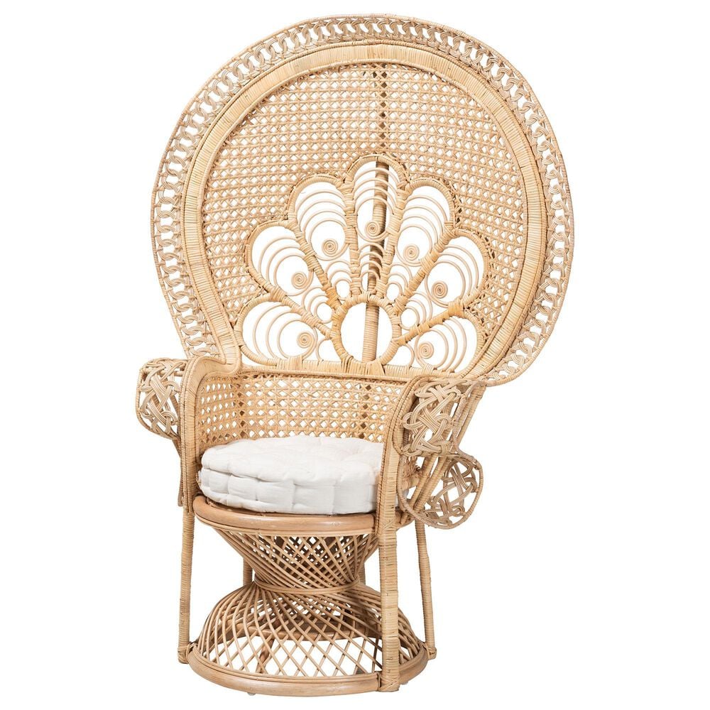 Baxton Studio Ediva Patio Accent Chair with Natural Brown Rattan in White, , large
