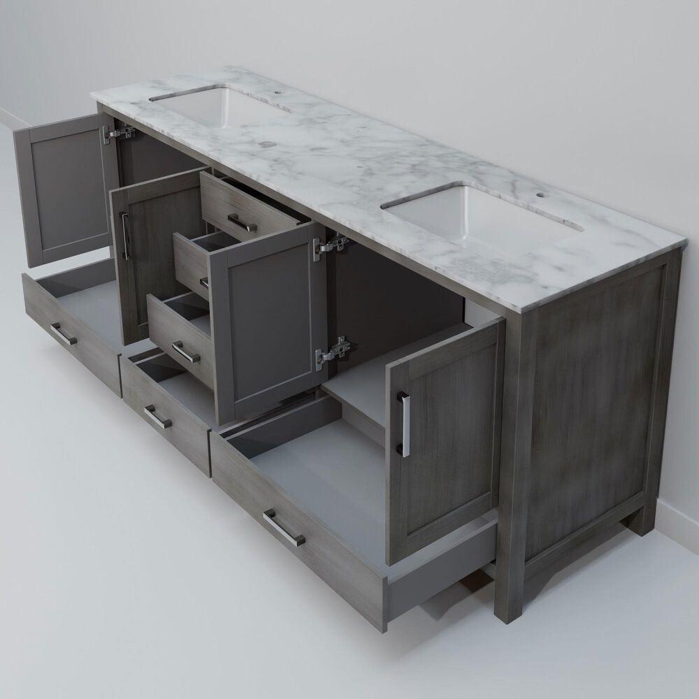 Lexora Home Jacques 72&quot; Double Bathroom Vanity in Distressed Grey with 2 cm White Carrara Marble Top and Rectangular Sinks, , large