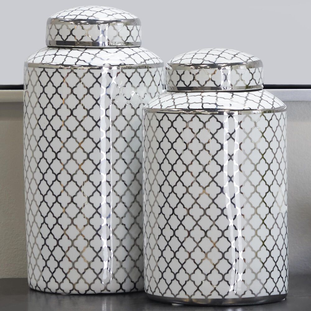 Maple and Jade 2-Piece Jar Set with Geometric Accents in Glossy Silver and White, , large