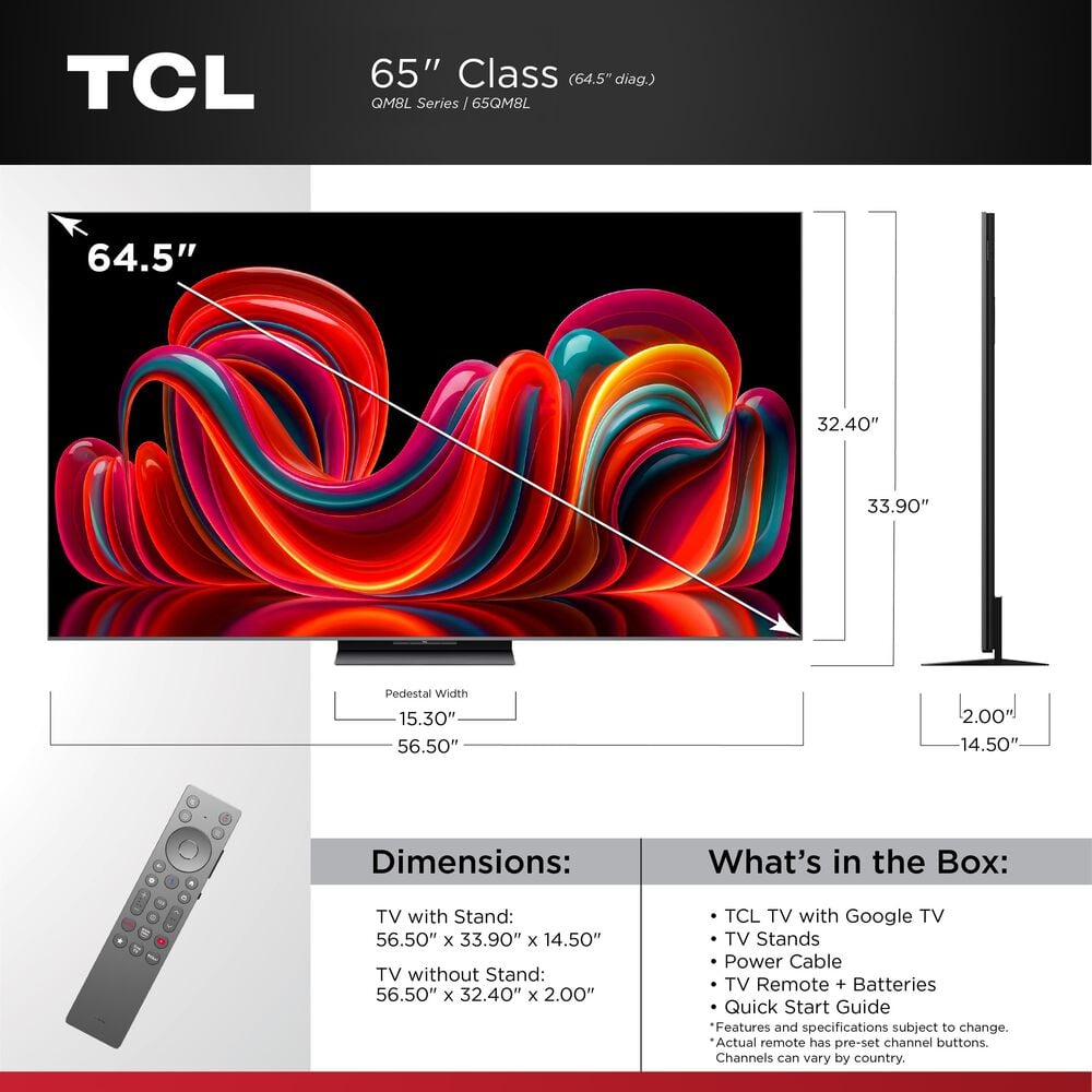 TCL 65" QM8L Series 4K UHD HDR SQD-Mini LED Smart TV with Google TV, , large