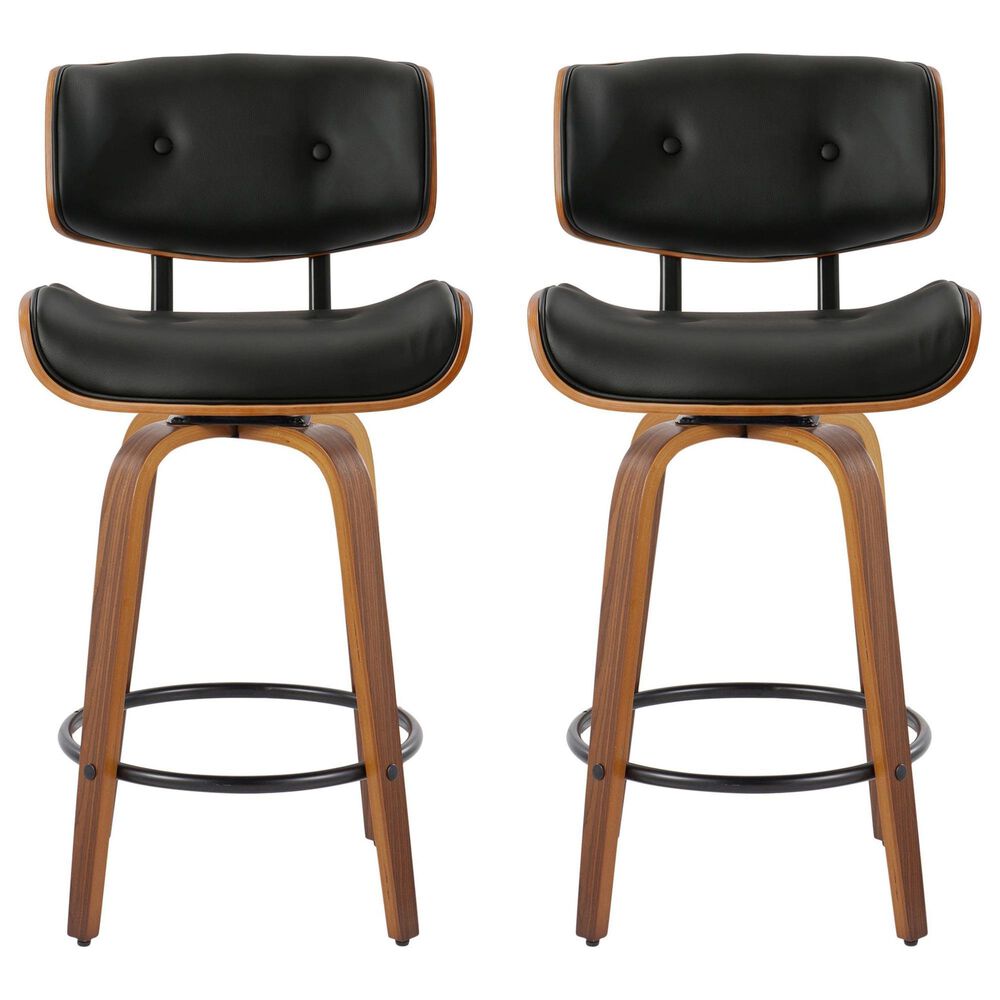 LumiSource Lombardi 26" Swivel Counter Stool with Black Faux Leather Upholstery in Walnut and Black (Set of 2), , large