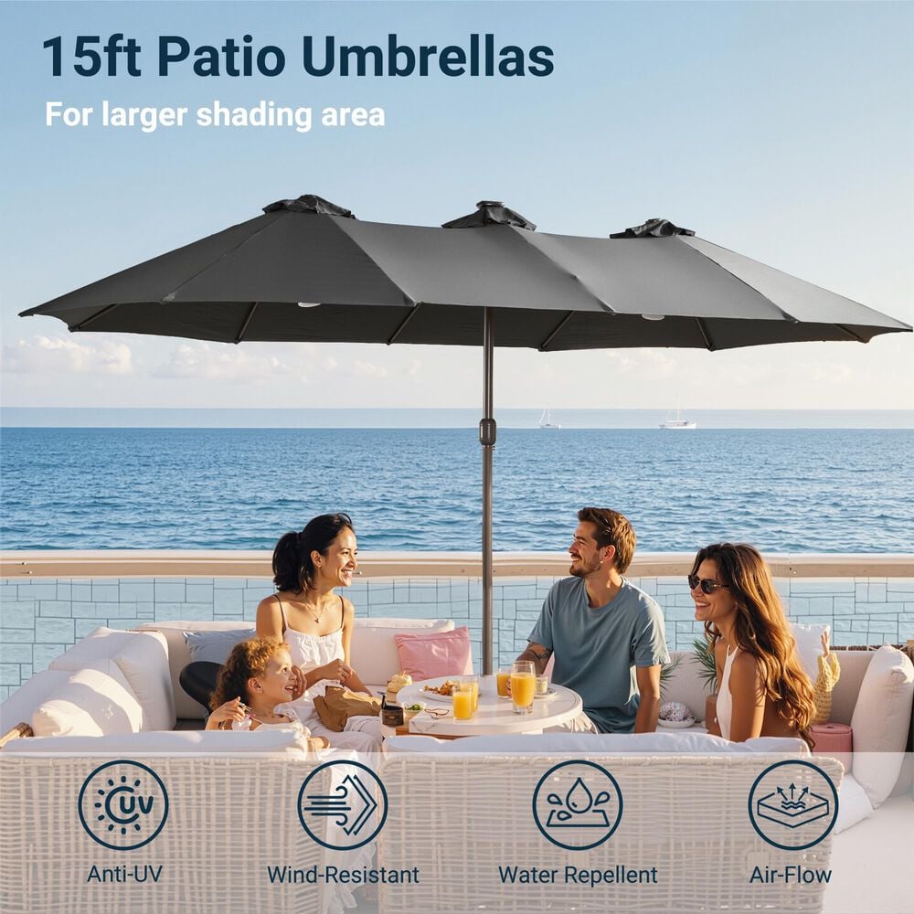 HOMLUX 2-Piece 14.5 ft Patio Umbrella and All-weather Square Rattan Coffee Table Outdoor Set in Dark Gray, , large