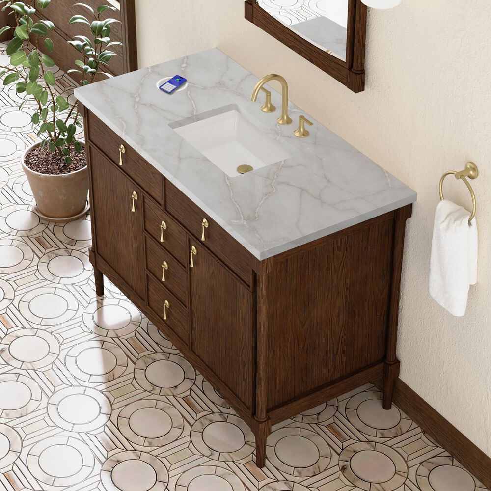 James Martin Kinnsden 48" Single Bathroom Vanity in Sable Oak with 3 cm Victorian Silver Silestone Top, Rectangular Sink and FreePower Wireless Charger, , large