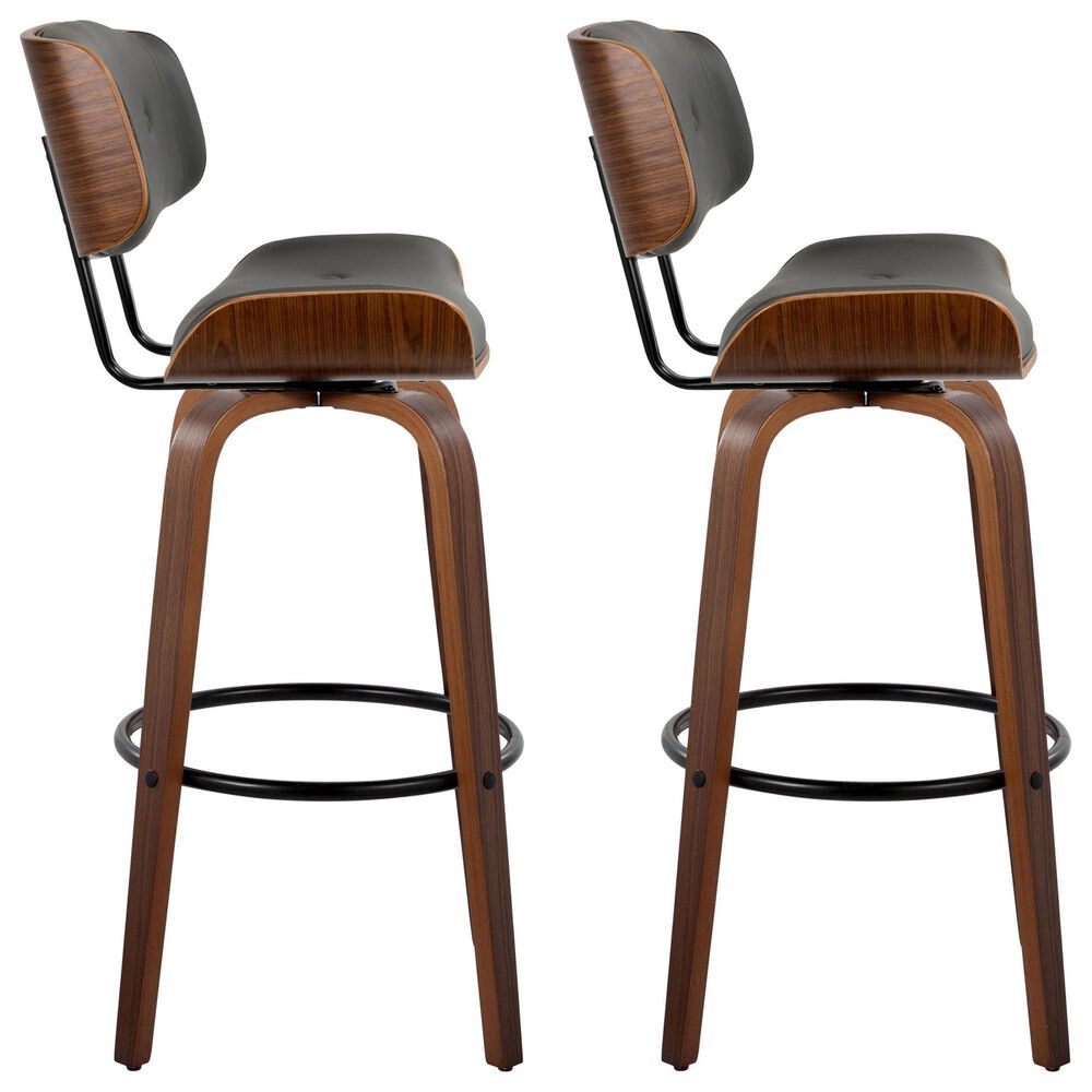 LumiSource Lombardi 30" Swivel Barstool with Grey Faux Leather Upholstery in Walnut and Black (Set of 2), , large