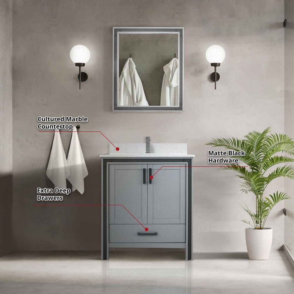 Lexora Home Ziva 30&quot; Single Bathroom Vanity in Dark Grey with 2 cm White Quartz Top and Rectangular Sink, , large