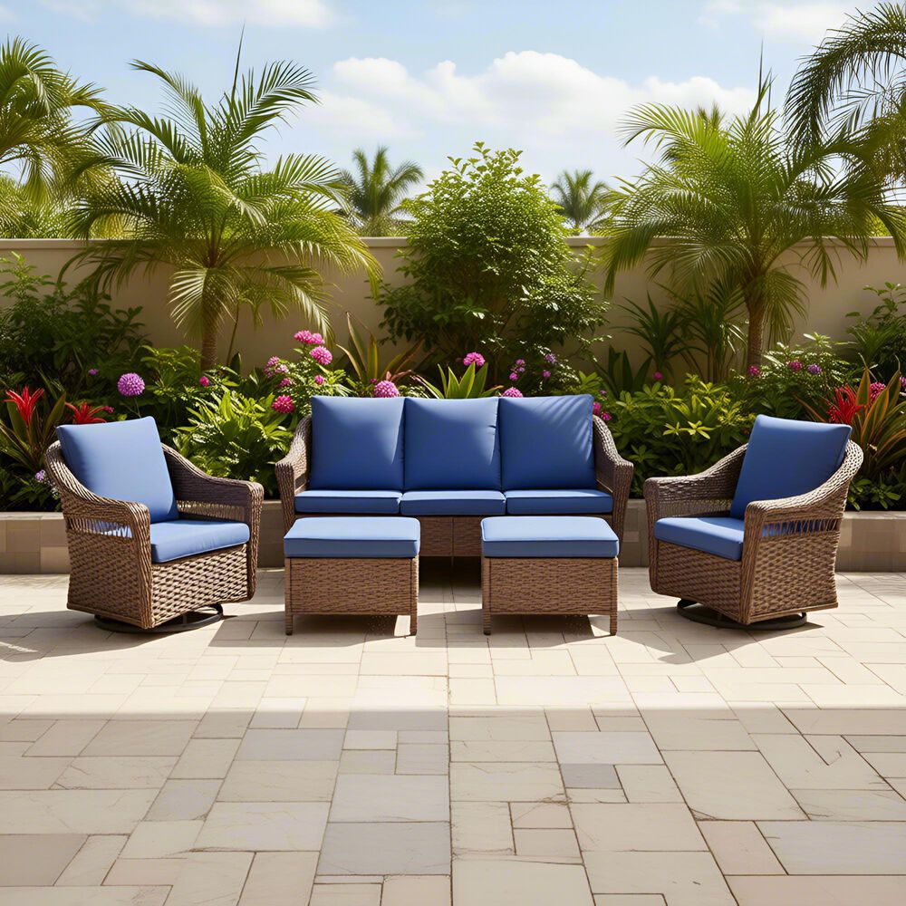Sunwell Garden Patio Swivel Glider Chair with Brown Frame and X-Laced Armrests in Navy (Set of 2), , large